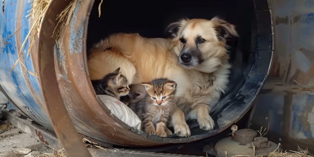 Mystery and Mercy: Dog Adopts Kitten Among Her Puppies in a Heart-Tugging Tale of Survival