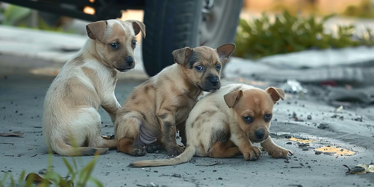 Three Brave Puppies Guard Each Other on Dangerous Streets