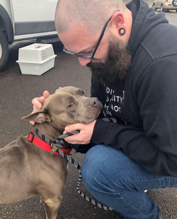 Perro rescatado encuentra alegría en los brazos de su nuevo padre después de años de negligencia-1